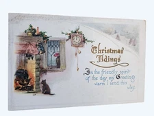 Antique 1923 Christmas Greetings Postcard Fireplace & Cat Scene w Christmas Seal