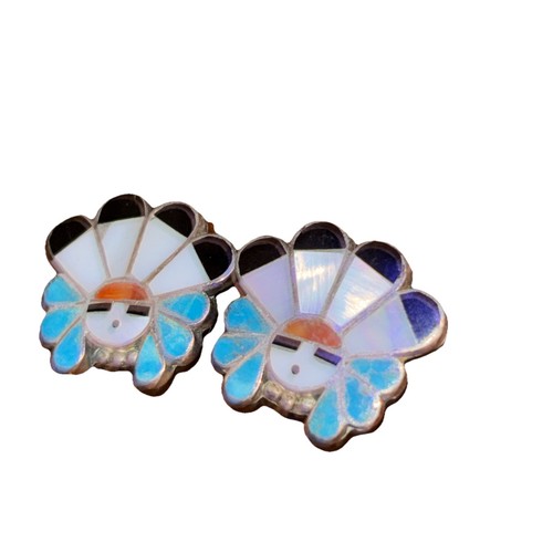 Vintage Zuni Silver MOP Inlay Turquoise Onyx Coral Sun Face Clip on Earrings - Picture 2 of 6