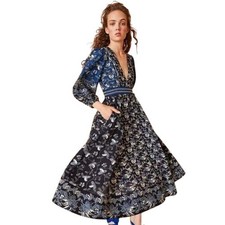 Ulla Johnson Iona Midi Dress Patchwork Blue Batik Floral Women's Size 2