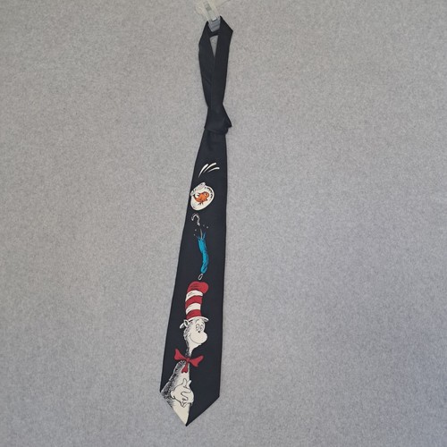 Vintage Dr. Seuss Neck Tie Cat In The Hat Silk Tie Black Novelty Fun - Picture 1 of 11