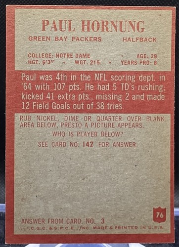 1965 Philadelphia Paul Hornung #76 Green Bay Packers EXMINT - Picture 2 of 2