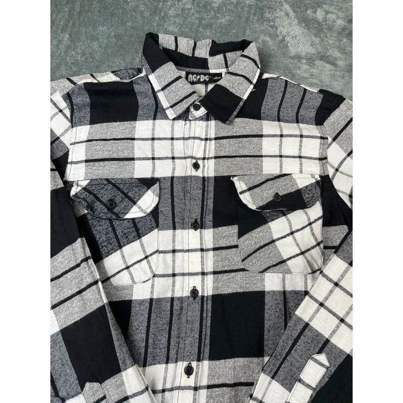 Hombre AC/DC Franela Cuadros Camisa L Negro Blanco Abotonado Manga Larga Banda Gráfico Foto 2 de 4