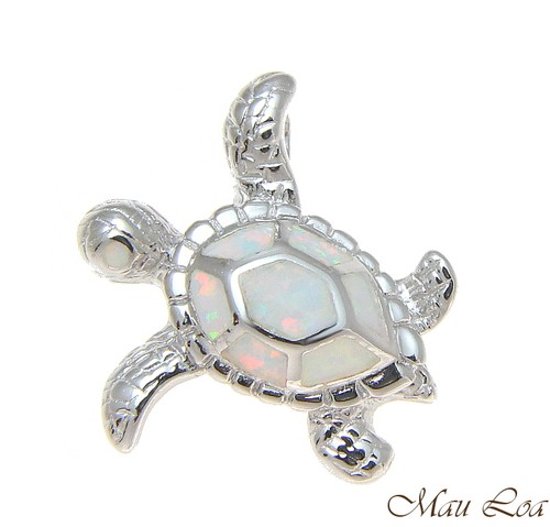 925 Sterling Silver Rhodium Hawaiian Honu Sea Turtle White Opal Slider Pendant - Picture 2 of 9