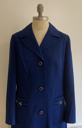 1970s/80s Vintage Blue "Admyra London" Trevira Coat with Silver Snaffle Trim - Picture 2 of 9