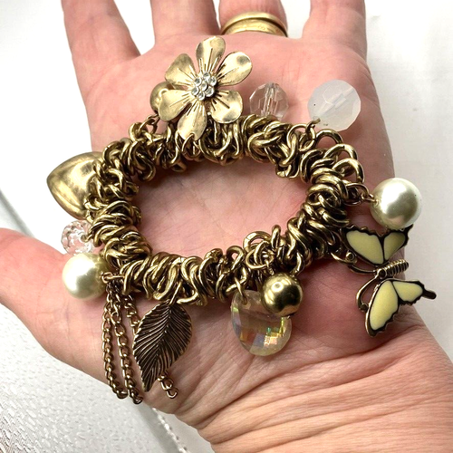 Heavy charm bracelet gold tone metal heart floral expandable costume jewellery - Picture 10 of 10