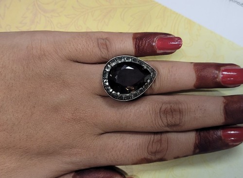 Big Pear Smoky Topaz Real Gemstone & CZ Shimmering Band Ring SZ:6 US Silver 925 - Picture 21 of 21