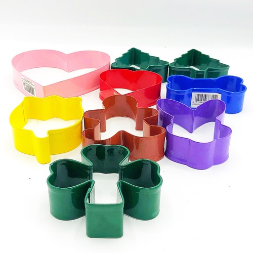 Holiday Colored Cookie Cutters Metal Set of 9 Hearts Trees Gingerbread Bunny - Picture 2 of 7
