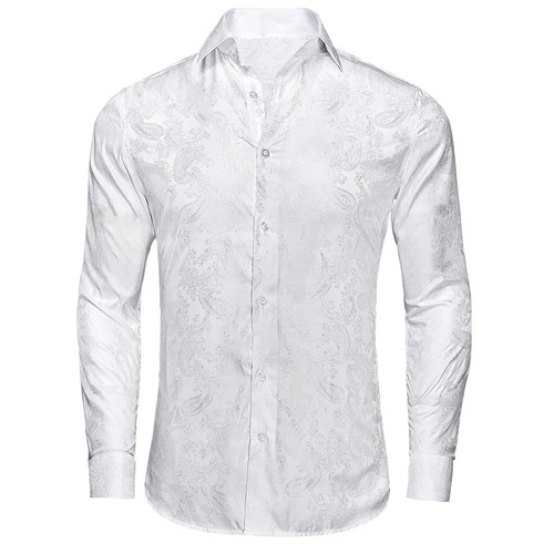 White Dress Shirts for Men Casual Long Sleeve Silk Purple Button Down Top Shirt - Picture 35 of 60