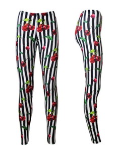 Cherry Leaves Tart Monochrome Striped Cherries Vintage Retro Printed Leggings Cherry Leaves Tart Monochrome Striped Cherries Vintage Retro Printed Leggings