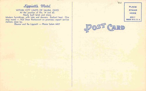 Lippiatt Motel Routes 14 62 Salem Ohio 1940s linen postcard - Picture 2 of 2