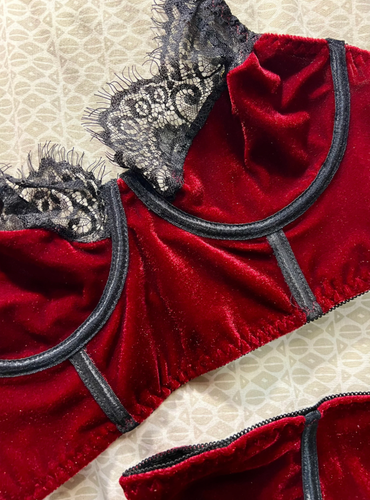 Velvet Luxe Burgundy Red Velvet Eyelash Black Lace Bra Panty Lingerie Set CUSTOM - Picture 4 of 6