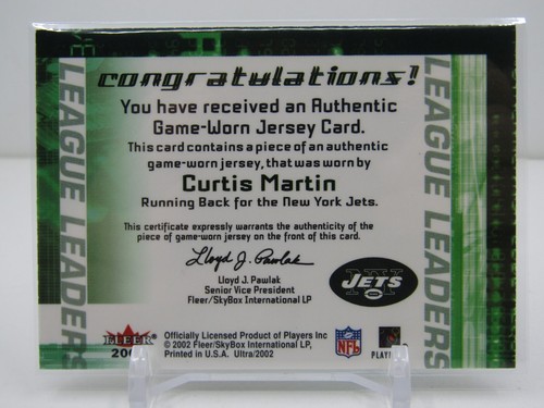 CURTIS MARTIN 2002 FLEER ULTRA LEAGUE LEADERS RUSHING GAME-WORN JERSEY PATCH!! - Picture 2 of 2
