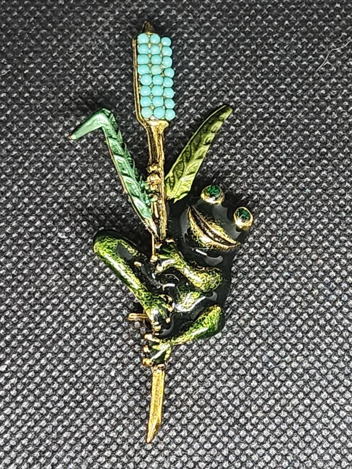 Prendedor/broche de solapa turquesa y estrás de rana esmalte verde  Foto 2 de 3