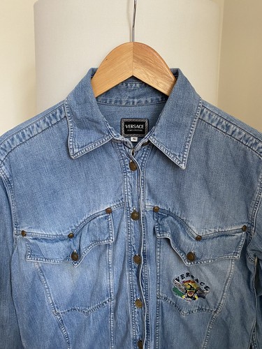 Vintage Gianni Versace Jeans 90s Blue Denim eagle Medusa Button Shirt S-M - Picture 2 of 12