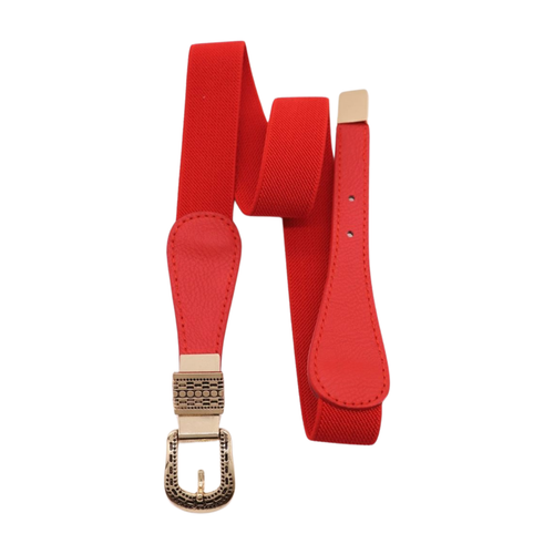 Women Red Skinny Elastic Waistband Fashion Belt Ethnic Gold Metal Buckle Fit S M - Bild 13 von 24