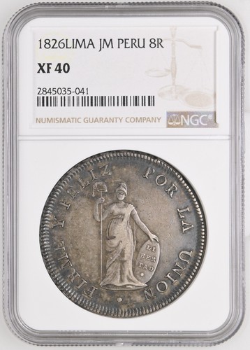 PERU SILVER CROWN 8 REALES 1826 LIMA ASSAYER JM NGC XF 40 KM #142.1 - 第 1/4 張圖片
