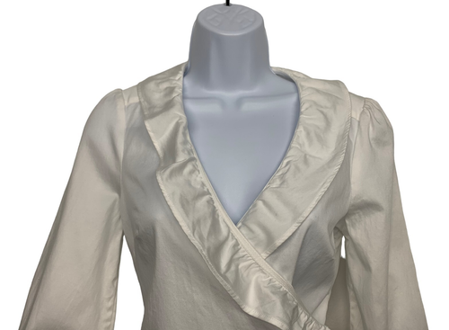 Banana Republic Women's size XS White Wrap Top 3/4 Sleeve Ruffle Neck Long Tie - Picture 2 of 11