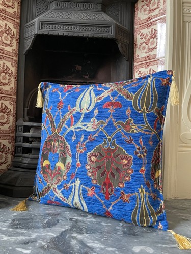 Cobalt Blue Chenille Cushion Cover Floral Throw Pillow Boho Home Decor 40x40cm - Picture 6 of 11