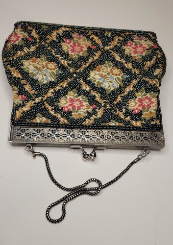 Vintage Antique Heavy Purse Linen Tapestry & Glass Beaded Art Silver Snake Chain - Picture 6 of 13