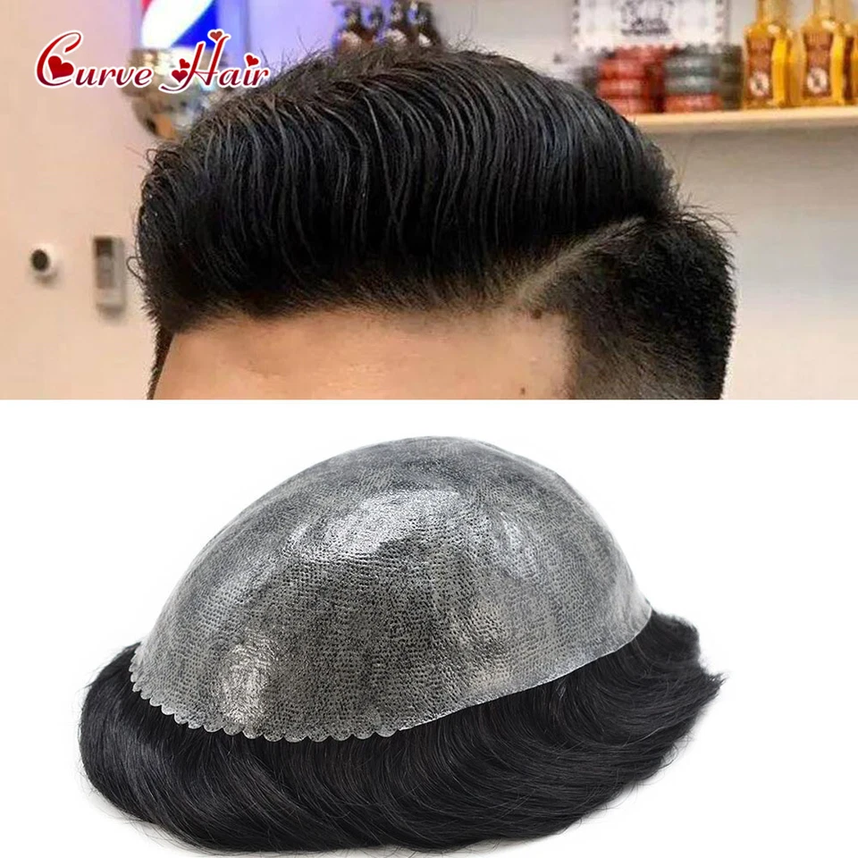 Sistemas de cabello humano Toupee completo de polietileno para hombre sistema de reemplazo de pieza de cabello de piel delgada Foto 3 de 4