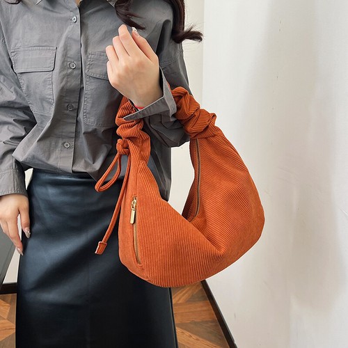 Women Corduroy Hobo Handbag Slouchy Tote Bag Ruched Shoulder Bag for Work Travel - Picture 4 of 18