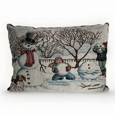 Winter Tapestry Pillow with Snowman Scene, Rustic Winter Décor Cozy Happy
