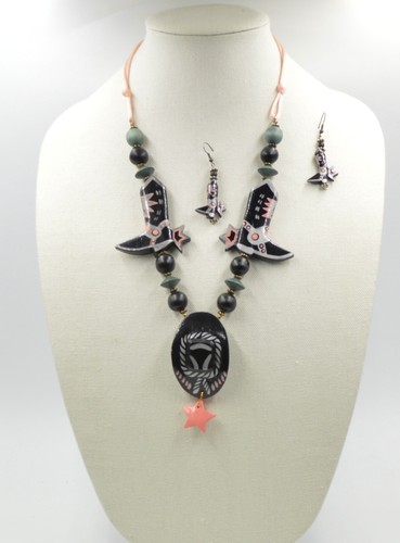 Western Wear Halskette Ohrringe Set Cowboystiefel Hut Square Dancing Holz - Bild 5 von 9