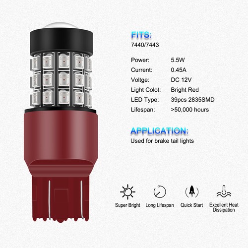 2X 7443R 7440 Red LED Strobe Flashing Blinking Brake Tail Light Parking Bulbs - Picture 2 of 6