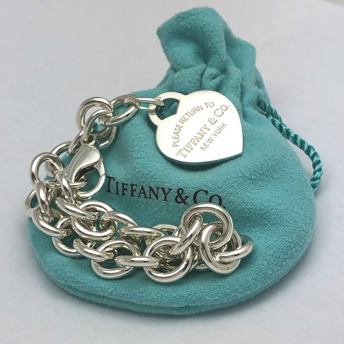 LARGE 8.25" Return to Tiffany & Co Heart Tag Charm Bracelet and Blue Pouch