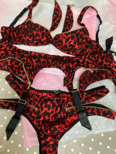 Agent Provocateur gold zip 34D bra thong suspender red silk Madalyn SET soiree - Picture 5 of 8