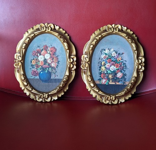 Set Of 2 Vintage Oval Wood Composite GOLD Tone Frames Floral Bouquet Prints - Picture 4 of 13