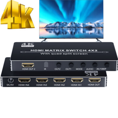 4K HDMI Matrix Switch 4X2 Multi-Viewer 4X1 Quad Split Screen Seamless Switcher