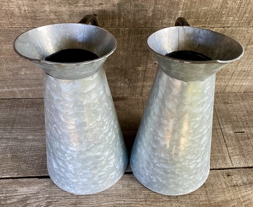 Pair Galvanized Tin Farmhouse Jug Flower Vase Metal Milk Pitcher Handle Cottage - Picture 4 of 12
