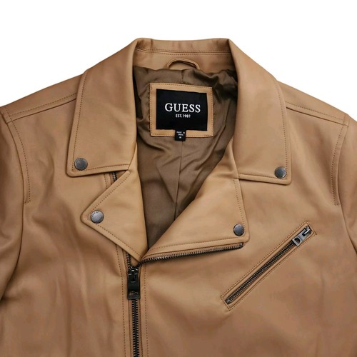 Guess Mens M FAUX Leather Motorcycle Biker Jacket Beige Brown $175 - Picture 4 of 7