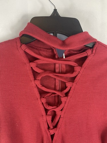 Women's Stretchy Red Long Sleeve One Piece Bodysuit With Tie Up Front Medium - Bild 3 von 6