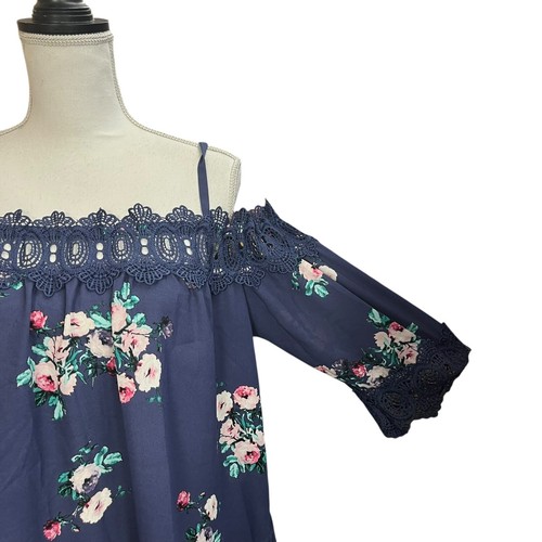 IZ Byer Women's Blue Floral Blouse Large Cold Shoulder Square Neck - Picture 4 of 5