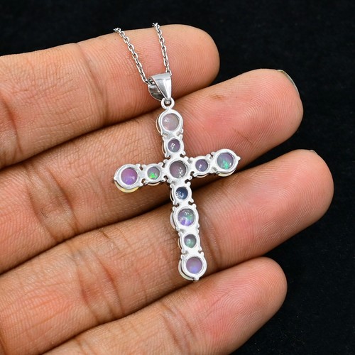 Natural Fire Opal Cab Holy Cross Pendant 925 Sterling Silver October Birthstone - Picture 4 of 4