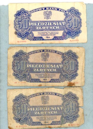 POLEN ~ 1944 ~ 50 ZLOTYCH SCHEINE LOT ~ SEHR GUTER ZUSTAND ~ 3 SCHEINE