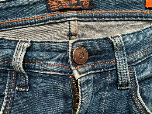 Locomotive DNM Industries Jeans Mens 32 Slim Tapered Blue Stretchy Badges - Picture 5 of 11