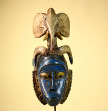 Decorazione da parete vintage Guro Tribal Art faccia blu con elefante e corna...