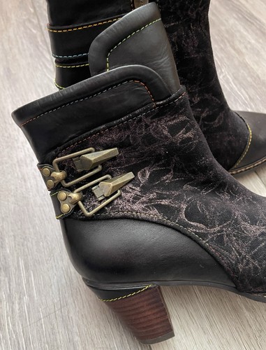 L’Artiste Spring Step LOCKSTO Black Metallic Leather Ankle Boots EU38 Fits US 7 - Picture 3 of 16