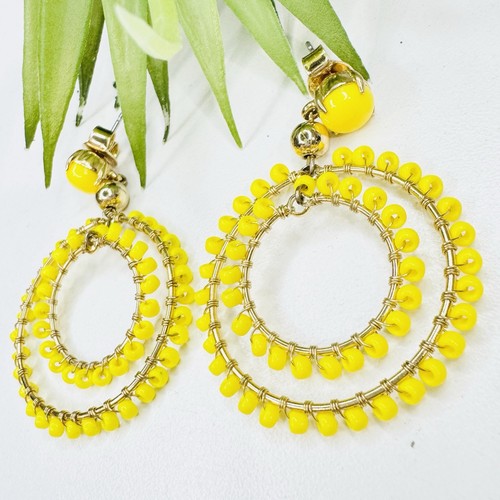 J. Crew Yellow Glass Seed Bead Double Hoop Gold Tone Post Dangle Earrings - Picture 5 of 10