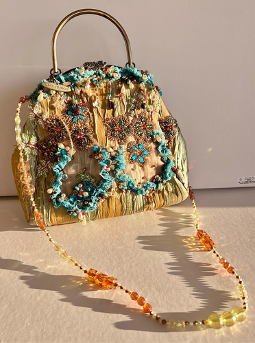 Vintage MARY FRANCES Silk Beaded Gold Teal Blue Crossbody Retired RARE Style - Picture 7 of 12