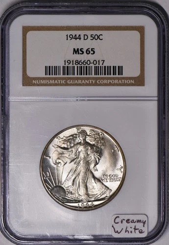 1944-D Walking Liberty Half Dollar NGC MS-65; Creamy White