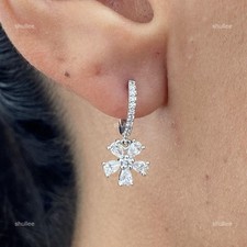 Holiday Jewelry ! 14k White Gold Lab Grown Diamond Hoops Drop Dangle Earrings