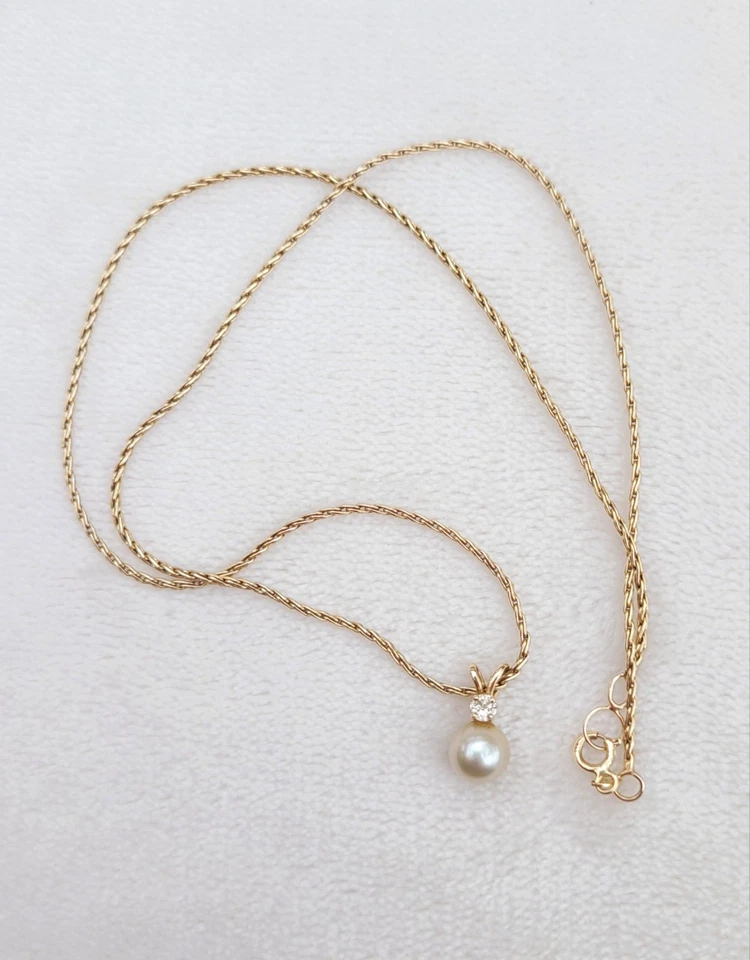 Vtg 14k Yellow Gold Diamond & Pearl Drop Pendant Necklace - 18" - 5.2g - Image 4 of 4