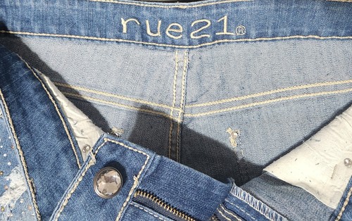 Rue 21 Distressed Med Wash Denim Short Rhinestone Accents... - Picture 3 of 9