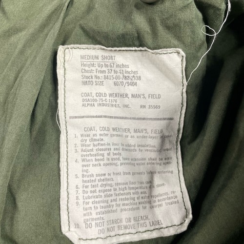 Vintage M-65 Jacket Field Coat US Military OG 107 Alpha Industries Size M Short - Picture 9 of 11