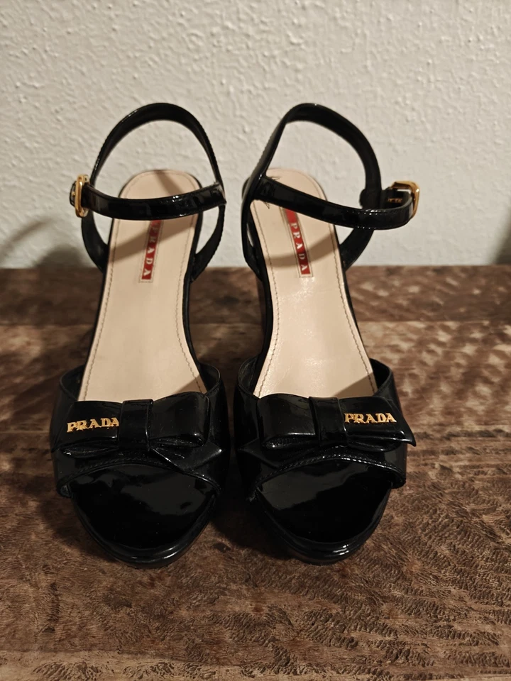 Prada black patent wedge sandals Gold Tone Accents size 38 Ankle Strap - Image 2 of 4