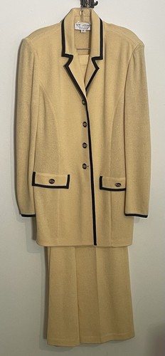 St John Collection Marie Gray Pantsuit Sz 8Cream black Trim Knit - Picture 2 of 13